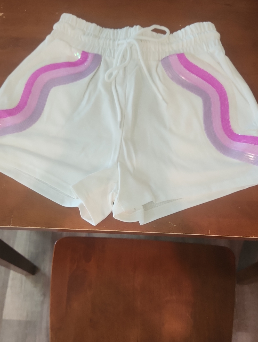 White Birch Women's White Athletic Drawstring Shorts with Pink/Purple Wave Trim